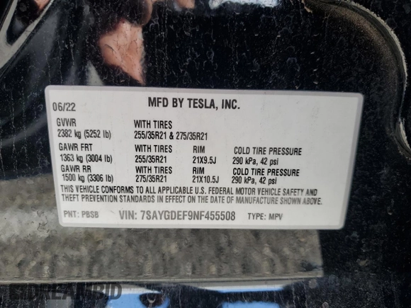 2022 Tesla Model Y Performance with VIN 7SAYGDEF9NF455508, listed as a Copart auction lot 51517205 with Not provided miles and Salvage title. Bid and sale history available at DreamBid. Image 14.