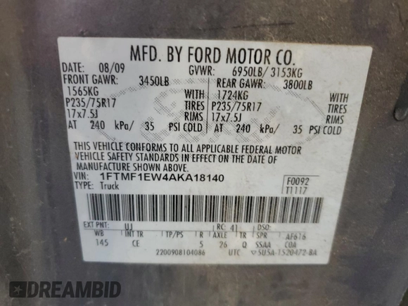 2010 Ford F-150 XL with VIN 1FTMF1EW4AKA18140, listed as a Copart auction lot 62378325 with 132,807 mi miles and Salvage title. Bid and sale history available at DreamBid. Image 12.
