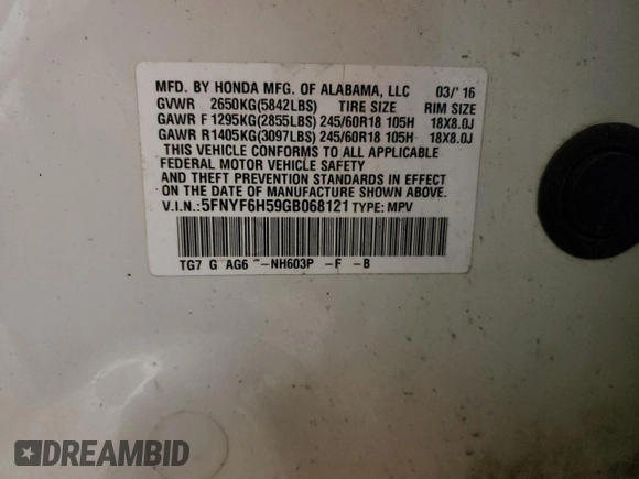 2016 Honda Pilot EX-L with VIN 5FNYF6H59GB068121, listed as a Copart auction lot 49372975 with 146,025 mi miles and Salvage Title. Bid and sale history available at DreamBid. Image 13.