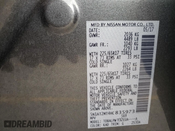 2017 Nissan Rogue SV with VIN 5N1AT2MT4HC835973, listed as a Copart auction lot 63814414 with 74,629 mi miles and Salvage Title. Bid and sale history available at carsss.com. Image 13.