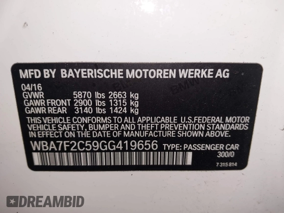 2016 BMW 7 Series 750i xDrive with VIN WBA7F2C59GG419656, listed as a IAAI auction lot 42118092 with 108,560 mi miles and . Bid and sale history available at DreamBid. Image 9.