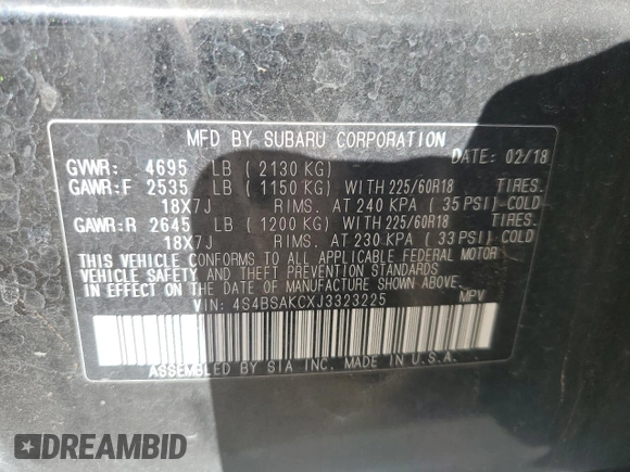 2018 Subaru Outback Limited with VIN 4S4BSAKCXJ3323225, listed as a Copart auction lot 48329005 with 106,737 mi miles and Salvage Title. Bid and sale history available at DreamBid. Image 14.