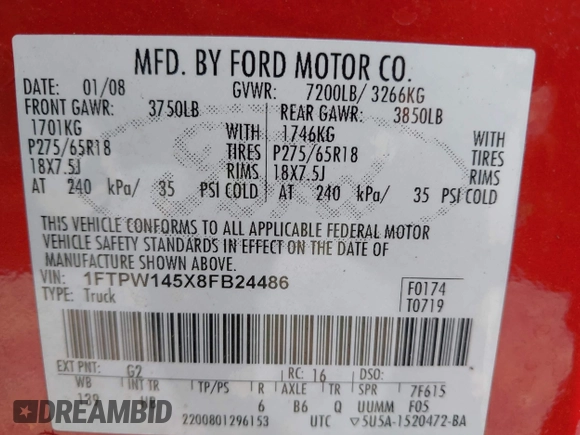 2008 Ford F-150 XLT z VIN 1FTPW145X8FB24486, wystawiony jako IAAI lot #42660049 z przebiegiem 82 898 mil mil oraz . Historia ofert i sprzedaży dostępna na DreamBid. Obrazek 9.