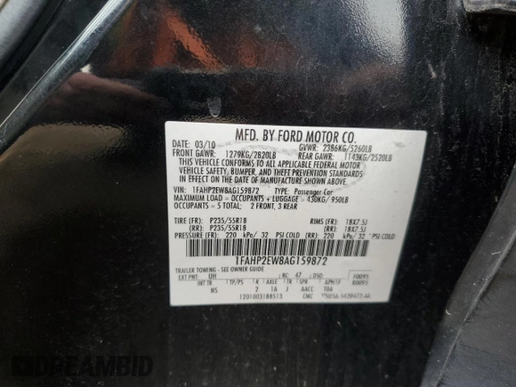 2010 Ford Taurus SEL with VIN 1FAHP2EW8AG159872, listed as a Copart auction lot 52655755 with 266,205 mi miles and Clean Title. Bid and sale history available at carsss.com. Image 14.