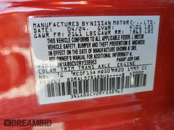 2024 Nissan Sentra SV with VIN 3N1AB8CV2RY338963, listed as a Copart auction lot 61761405 with 33,309 mi miles and Clean title. Bid and sale history available at DreamBid. Image 12.
