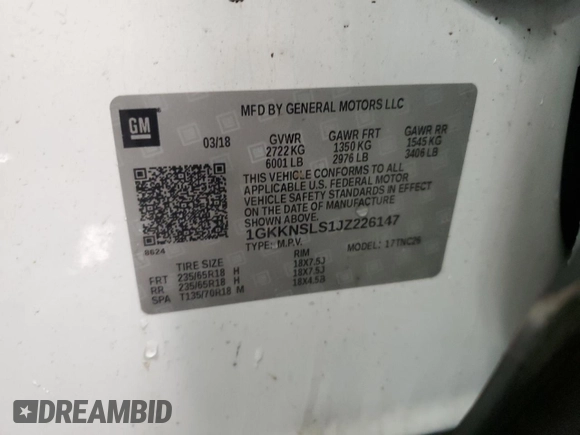 2018 GMC Acadia SLE z VIN 1GKKNSLS1JZ226147, wystawiony jako Copart lot #45546885 z przebiegiem 69 300 mil mil oraz Szkoda całkowita • Salvage title. Historia ofert i sprzedaży dostępna na DreamBid. Obrazek 13.