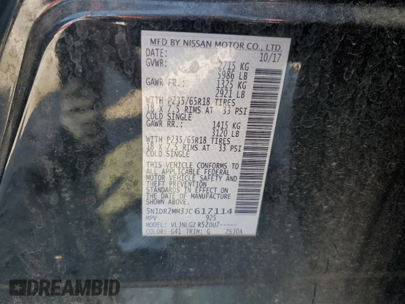 2018 Nissan Pathfinder SL z VIN 5N1DR2MM3JC617114, wystawiony jako Copart lot #51910065 z przebiegiem 145 920 mil mil oraz Nie do naprawy • Non repairable. Historia ofert i sprzedaży dostępna na DreamBid. Obrazek 15.