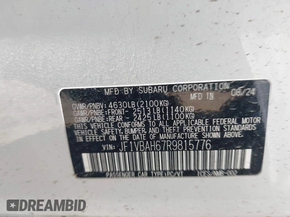 2024 Subaru WRX Premium with VIN JF1VBAH67R9815776, listed as a IAAI auction lot 42032015 with 2,122 mi miles and . Bid and sale history available at DreamBid. Image 9.
