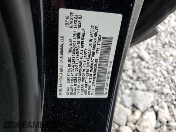 2017 Honda Ridgeline RTL-T with VIN 5FPYK2F63HB006688, listed as a Copart auction lot 62954235 with Not provided miles and Clean title. Bid and sale history available at DreamBid. Image 12.