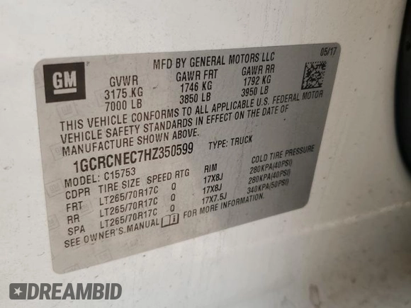 2017 Chevrolet Silverado 1500 LS with VIN 1GCRCNEC7HZ350599, listed as a Copart auction lot 51316315 with 188,570 mi miles and Salvage Title. Bid and sale history available at DreamBid. Image 12.
