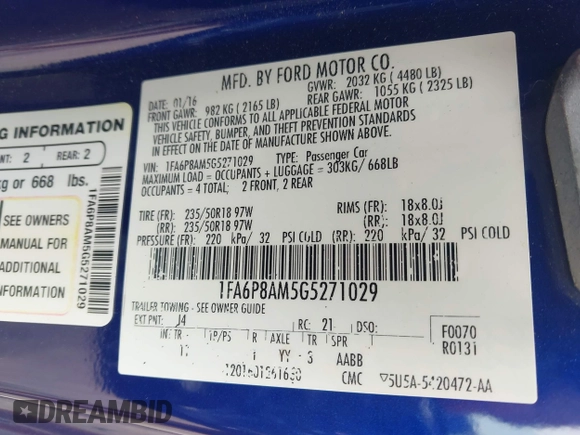 2016 Ford Mustang V6 z VIN 1FA6P8AM5G5271029, wystawiony jako IAAI lot #42277315 z przebiegiem 39 496 mil mil oraz . Historia ofert i sprzedaży dostępna na DreamBid. Obrazek 9.