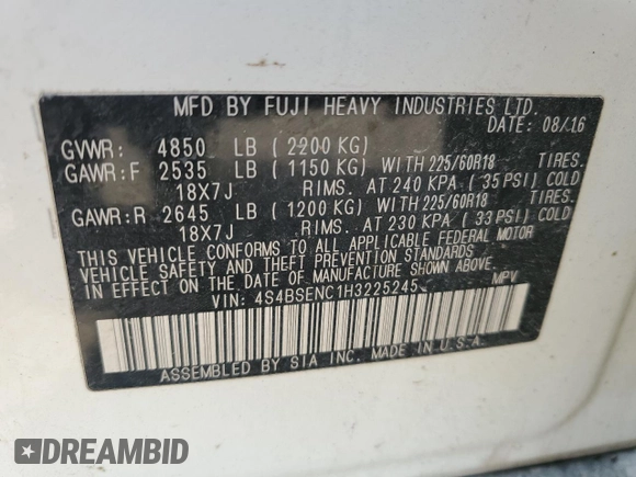 2017 Subaru Outback Limited with VIN 4S4BSENC1H3225245, listed as a Copart auction lot 48567765 with 121,816 mi miles and Salvage title. Bid and sale history available at DreamBid. Image 12.