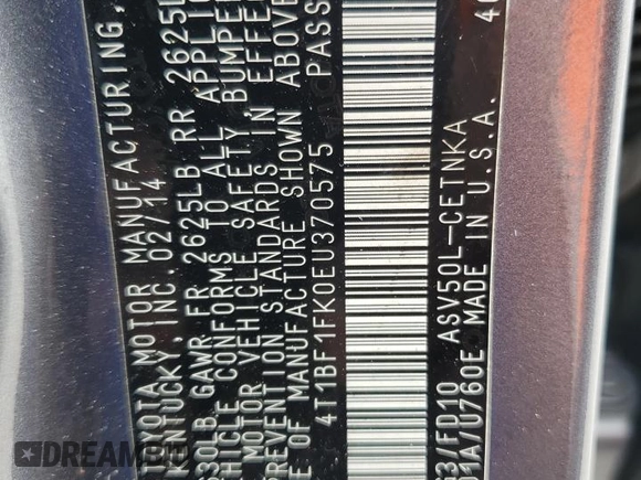 2014 Toyota Camry L with VIN 4T1BF1FK0EU370575, listed as a Copart auction lot 54672785 with Not Provided miles and Clean Title. Bid and sale history available at carsss.com. Image 12.