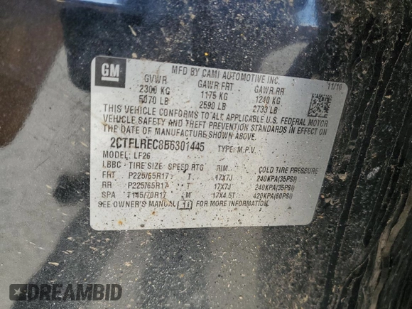 2011 GMC Terrain SLE-1 with VIN 2CTFLREC8B6301445, listed as a Copart auction lot 47581835 with 161,077 mi miles and Clean title. Bid and sale history available at DreamBid. Image 13.