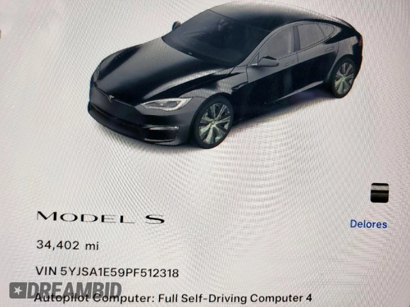 2023 Tesla Model S with VIN 5YJSA1E59PF512318, listed as a Copart auction lot 58377895 with 34,402 mi miles and Salvage title. Bid and sale history available at DreamBid. Image 9.