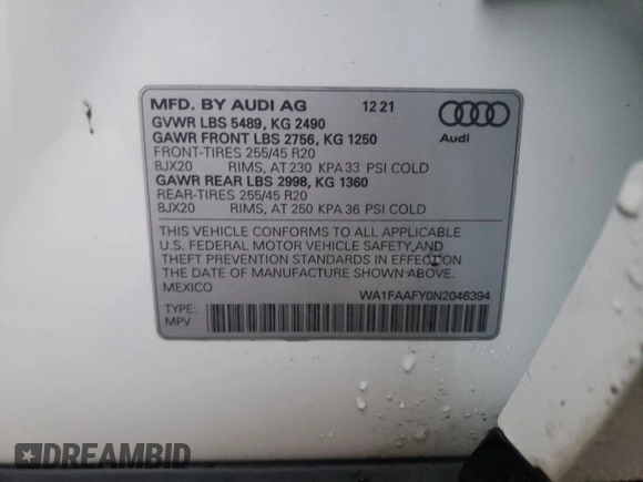 2022 Audi Q5 S line Prestige with VIN WA1FAAFY0N2046394, listed as a Copart auction lot 70897132 with 6,694 mi miles. Bid and sale history available at carsss.com. Image 14.