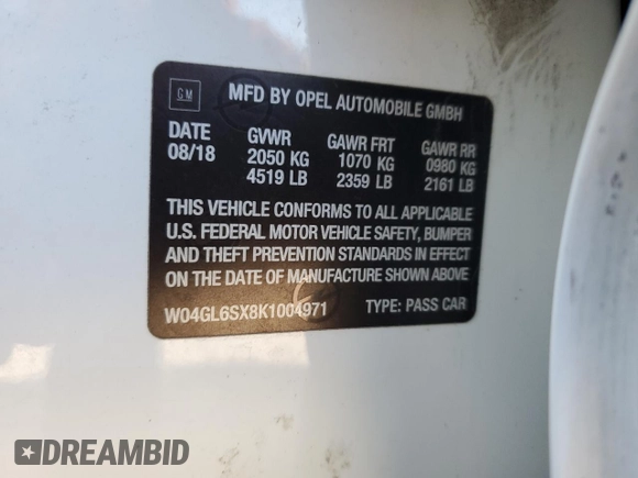 2019 Buick Regal Preferred with VIN W04GL6SX8K1004971, listed as a Copart auction lot 83454804 with Not provided miles and Salvage title. Bid and sale history available at DreamBid. Image 13.