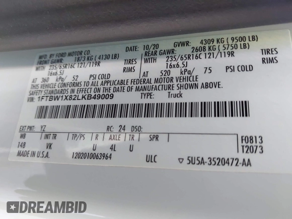 2020 Ford Transit Cargo with VIN 1FTBW1X82LKB49009, listed as a IAAI auction lot 41527513 with 52,802 mi miles and . Bid and sale history available at DreamBid. Image 9.