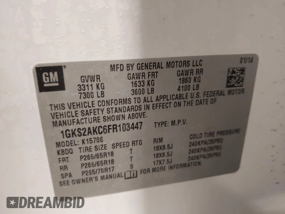 2015 GMC Yukon SLE with VIN 1GKS2AKC6FR103447, listed as a IAAI auction lot 41596220 with 104,209 mi miles. Bid and sale history available at carsss.com. Image 9.