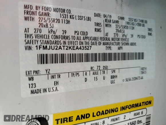 2019 Ford Expedition Limited with VIN 1FMJU2AT2KEA43527, listed as a Copart auction lot 58320085 with 132,627 mi miles and Salvage title. Bid and sale history available at DreamBid. Image 13.