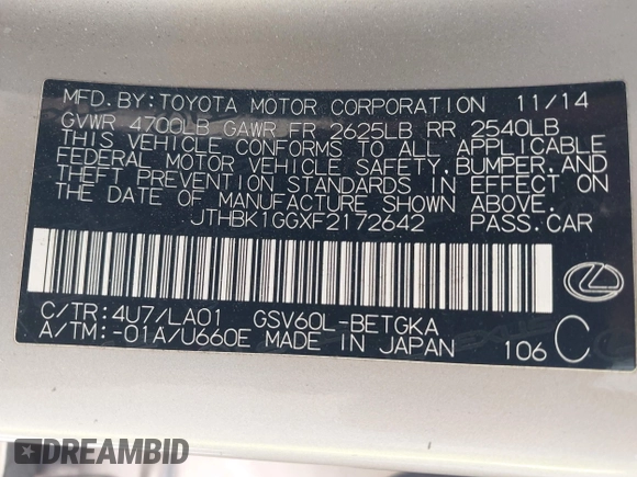 2015 Lexus ES 330 with VIN JTHBK1GGXF2172642, listed as a IAAI auction lot 42433367 with 77,749 mi miles and . Bid and sale history available at DreamBid. Image 9.