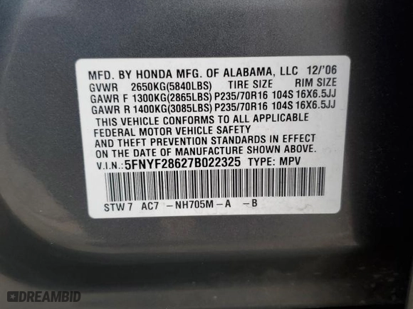 2007 Honda Pilot EX-L with VIN 5FNYF28627B022325, listed as a Copart auction lot 84877754 with 110,766 mi miles and Salvage Title. Bid and sale history available at carsss.com. Image 14.