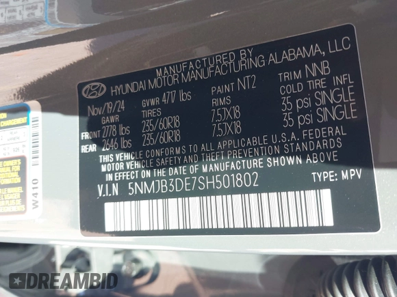 2025 Hyundai Tucson SEL with VIN 5NMJB3DE7SH501802, listed as a IAAI auction lot 41732301 with 2,942 mi miles and . Bid and sale history available at DreamBid. Image 9.