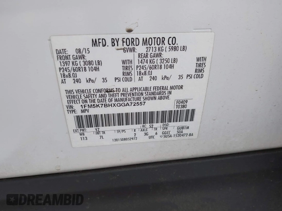 2016 Ford Explorer с VIN 1FM5K7BHXGGA72557, выставлен на аукционе IAAI как лот 42160265 с пробегом 130 670 миль миль и . История ставок и продаж доступна на DreamBid. Изображение 9.