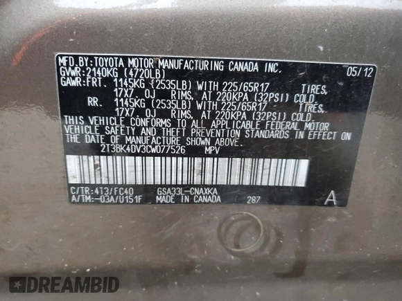 2012 Toyota RAV4 with VIN 2T3BK4DV3CW077526, listed as a Copart auction lot 82918584 with 0 mi miles and Salvage Title. Bid and sale history available at carsss.com. Image 13.