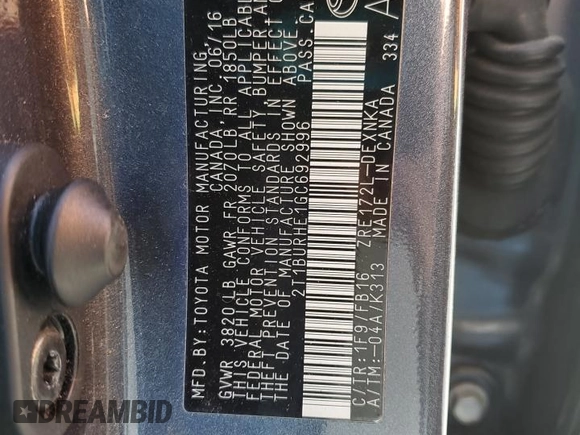 2016 Toyota Corolla L с VIN 2T1BURHE1GC692996, выставлен на аукционе Copart как лот 63099425 с пробегом 89 362 миль миль и Списание • Salvage title. История ставок и продаж доступна на DreamBid. Изображение 12.