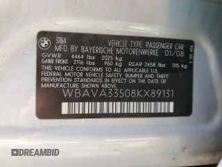 2008 BMW 3 Series 328i with VIN WBAVA33508KX89131, listed as a Copart auction lot 51995325 with 148,735 mi miles and Salvage title. Bid and sale history available at DreamBid. Image 12.