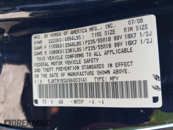 2009 Acura RDX with VIN 5J8TB18249A003141, listed as a IAAI auction lot 41469730 with 180,358 mi miles and . Bid and sale history available at DreamBid. Image 9.