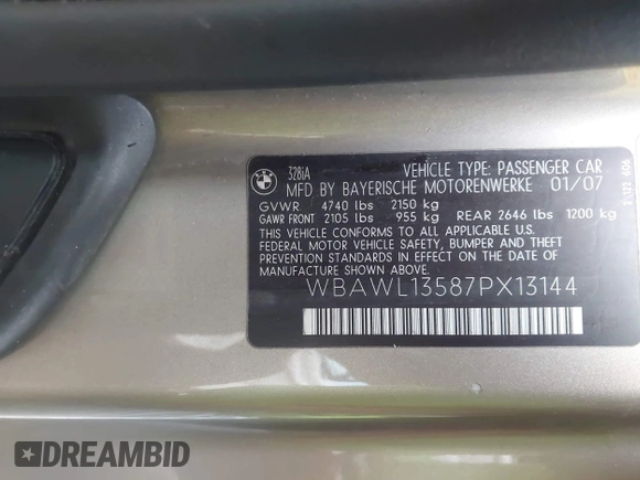 2007 BMW 3 Series 328i with VIN WBAWL13587PX13144, listed as a IAAI auction lot 42290080 with 119,936 mi miles and . Bid and sale history available at DreamBid. Image 9.