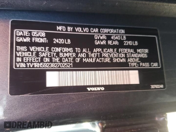 2008 Volvo S60 2.5T with VIN YV1RH592382702521, listed as a Copart auction lot 47628735 with 100,041 mi miles and Clean Title. Bid and sale history available at carsss.com. Image 12.
