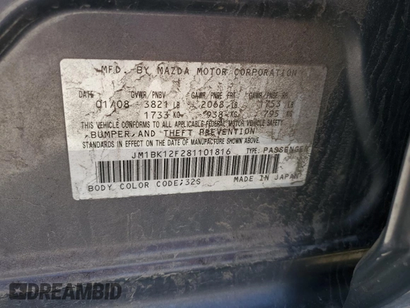 2008 Mazda 3 i Sport with VIN JM1BK12F281101816, listed as a Copart auction lot 47500805 with 288,378 mi miles and Salvage Title. Bid and sale history available at DreamBid. Image 12.