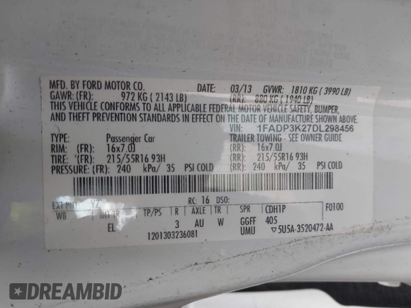 2013 Ford Focus SE with VIN 1FADP3K27DL298456, listed as a IAAI auction lot 42007399 with 111,210 mi miles. Bid and sale history available at carsss.com. Image 9.