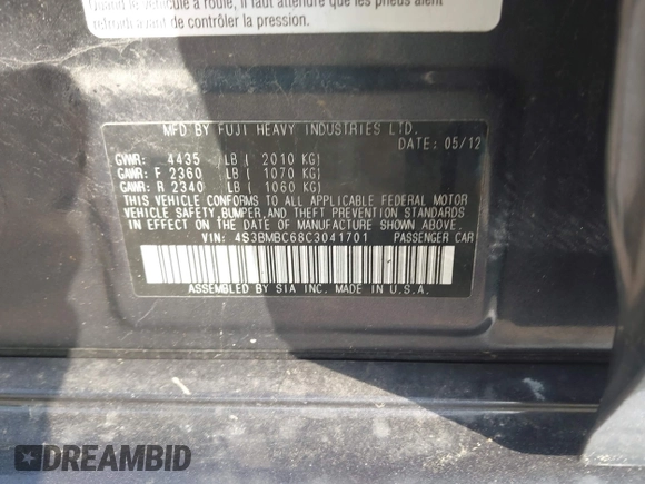 2012 Subaru Legacy Premium with VIN 4S3BMBC68C3041701, listed as a IAAI auction lot 42136392 with 112,713 mi miles and . Bid and sale history available at DreamBid. Image 9.