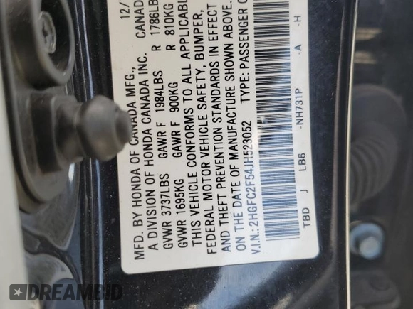 2018 Honda Civic LX with VIN 2HGFC2F54JH523052, listed as a Copart auction lot 52910375 with 147,550 mi miles and Salvage Title. Bid and sale history available at carsss.com. Image 13.