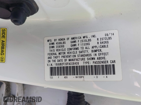 2015 Acura TLX V6 with VIN 19UUB2F35FA006406, listed as a IAAI auction lot 42409538 with Not provided miles and . Bid and sale history available at DreamBid. Image 9.