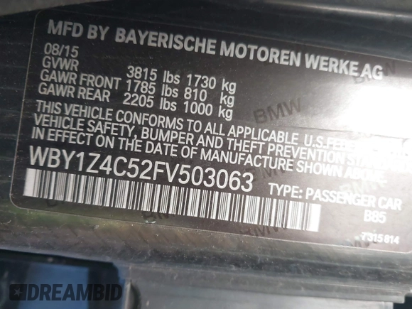 2015 BMW i3 z VIN WBY1Z4C52FV503063, wystawiony jako IAAI lot #40644359 z przebiegiem 77 009 mil mil oraz . Historia ofert i sprzedaży dostępna na DreamBid. Obrazek 9.