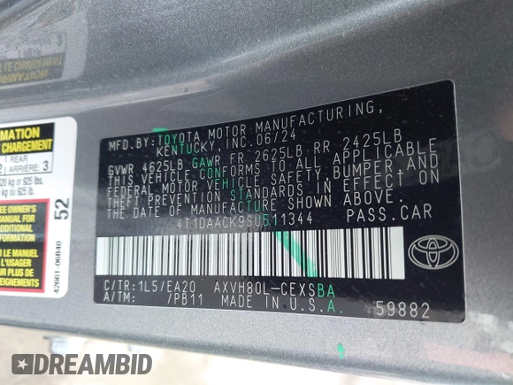 2025 Toyota Camry LE with VIN 4T1DAACK9SU511344, listed as a IAAI auction lot 41915556 with 8,079 mi miles and . Bid and sale history available at DreamBid. Image 9.