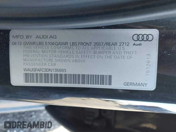 2013 Audi A6 2.0T Premium Plus with VIN WAUGFAFC3DN135693, listed as a IAAI auction lot 41622918 with 154,102 mi miles. Bid and sale history available at carsss.com. Image 9.