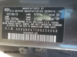 2013 Kia Optima EX with VIN 5XXGN4A71DG259068, listed as a Copart auction lot 54130825 with 162,778 mi miles and Salvage Title. Bid and sale history available at carsss.com. Image 13.