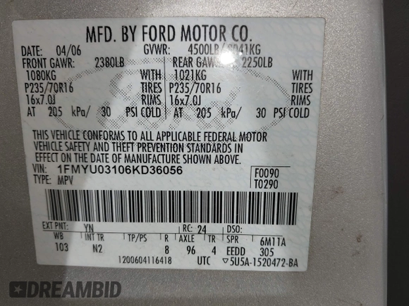 2006 Ford Escape XLT z VIN 1FMYU03106KD36056, wystawiony jako IAAI lot #42806356 z przebiegiem 175 183 mil mil oraz . Historia ofert i sprzedaży dostępna na DreamBid. Obrazek 9.