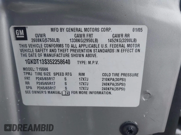 2005 GMC Envoy SLT with VIN 1GKDT13S352258640, listed as a IAAI auction lot 41226997 with 159,665 mi miles. Bid and sale history available at carsss.com. Image 9.