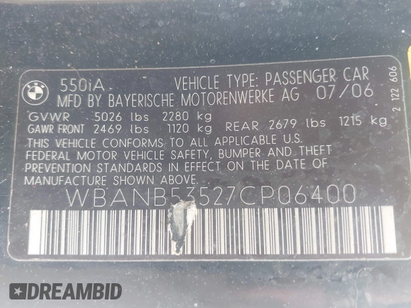2007 BMW 5 Series 550i with VIN WBANB53527CP06400, listed as a IAAI auction lot 42130949 with 226,264 mi miles and . Bid and sale history available at DreamBid. Image 9.