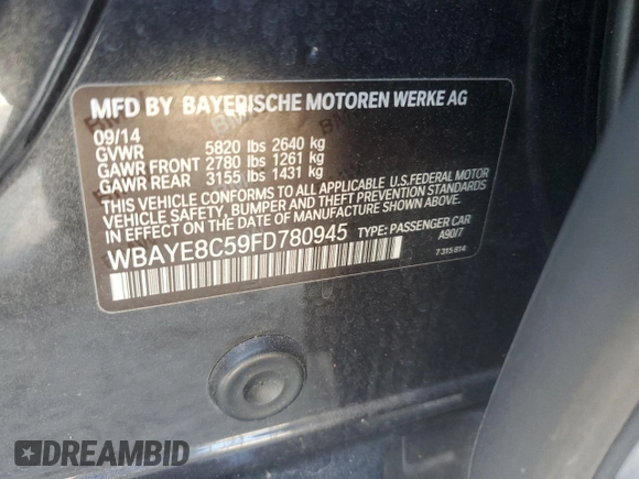 2015 BMW 7 Series 750Li with VIN WBAYE8C59FD780945, listed as a Copart auction lot 42730625 with 0 mi miles and Salvage Title. Bid and sale history available at carsss.com. Image 12.