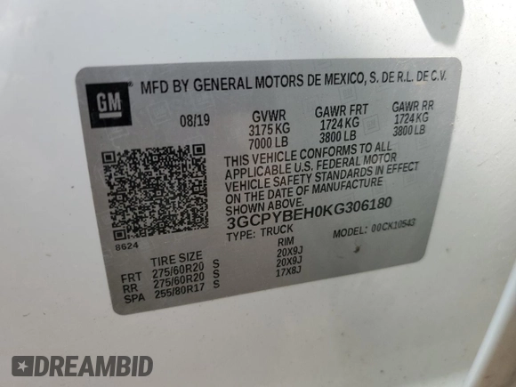 2019 Chevrolet Silverado 1500 Custom with VIN 3GCPYBEH0KG306180, listed as a Copart auction lot 69263924 with 107,279 mi miles and Non Repairable. Bid and sale history available at DreamBid. Image 14.