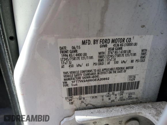 2016 Ford F-250 XL with VIN 1FT7W2A66GEA20892, listed as a Copart auction lot 48762155 with 187,187 mi miles and Salvage title. Bid and sale history available at DreamBid. Image 14.