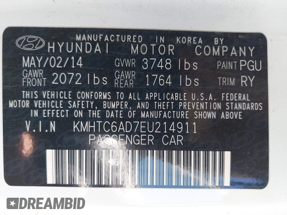 2014 Hyundai Veloster RE:FLEX with VIN KMHTC6AD7EU214911, listed as a IAAI auction lot 42617066 with 115,521 mi miles and . Bid and sale history available at DreamBid. Image 9.